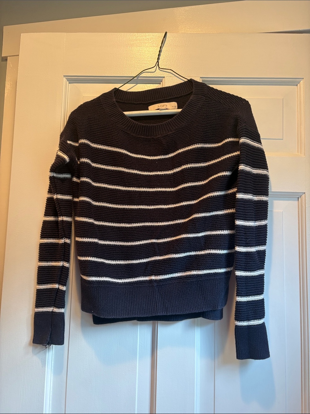 LOFT Navy and White Striped Crewneck Sweater